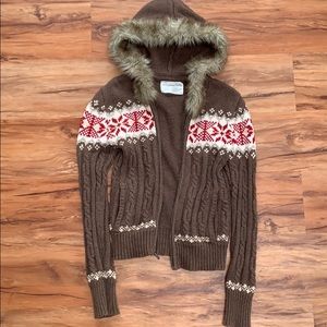 Cable knit zip up sweater with fur hood